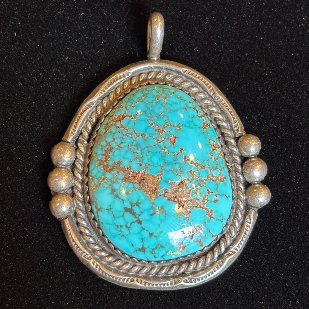Vintage Navajo Native American Signed TG Sterling Silver Turquoise Pendant